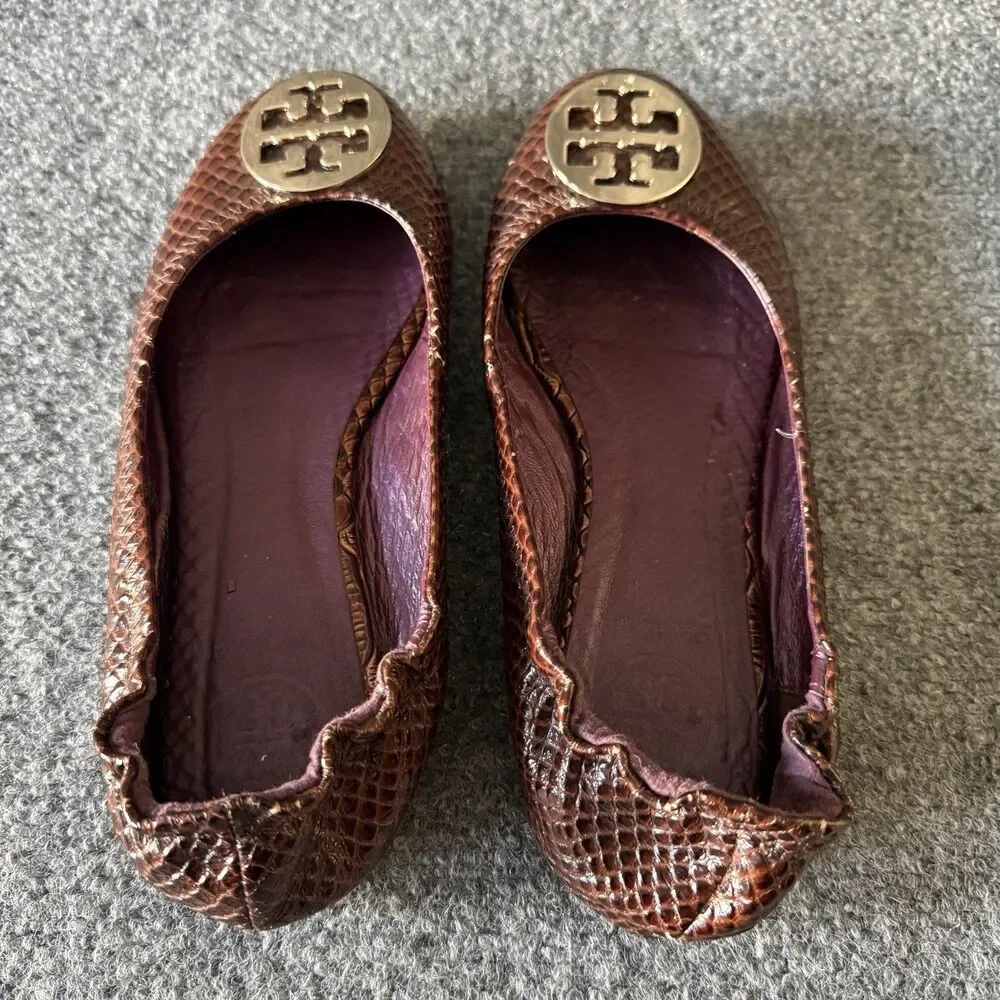 Tory Burch Reva Ballet Flat in Burgundy Snakeskin Print with Silver Medallion 37